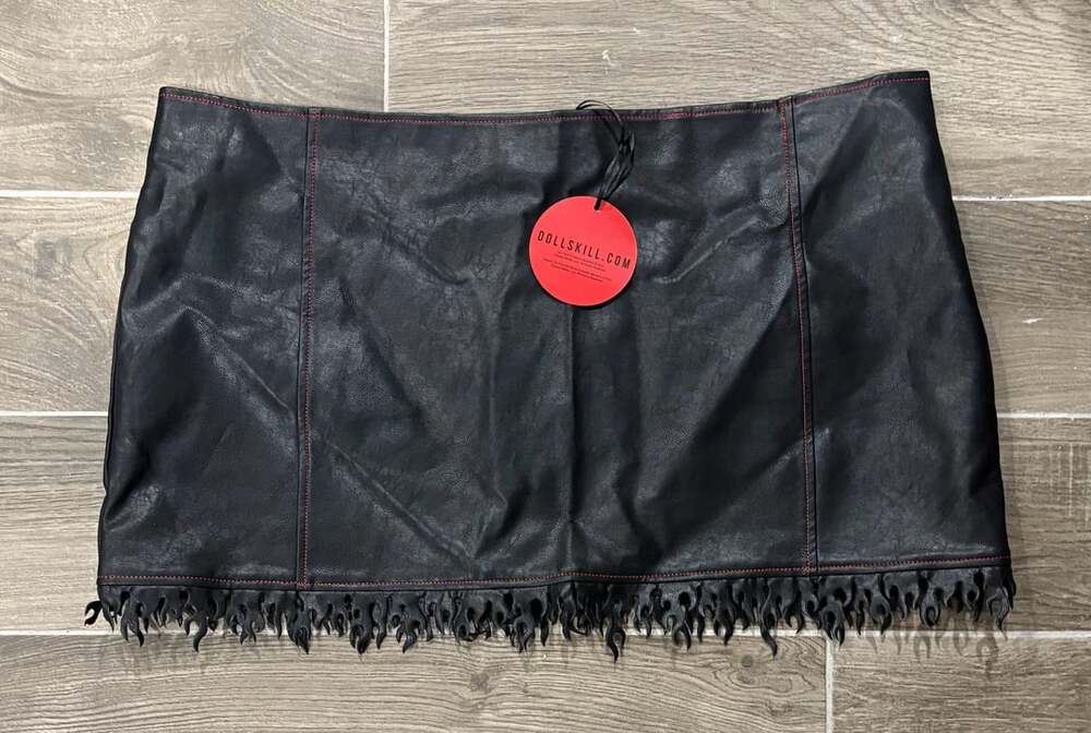 DOLLSKILL.COM Faux Leather Skirt Black Flame Hem